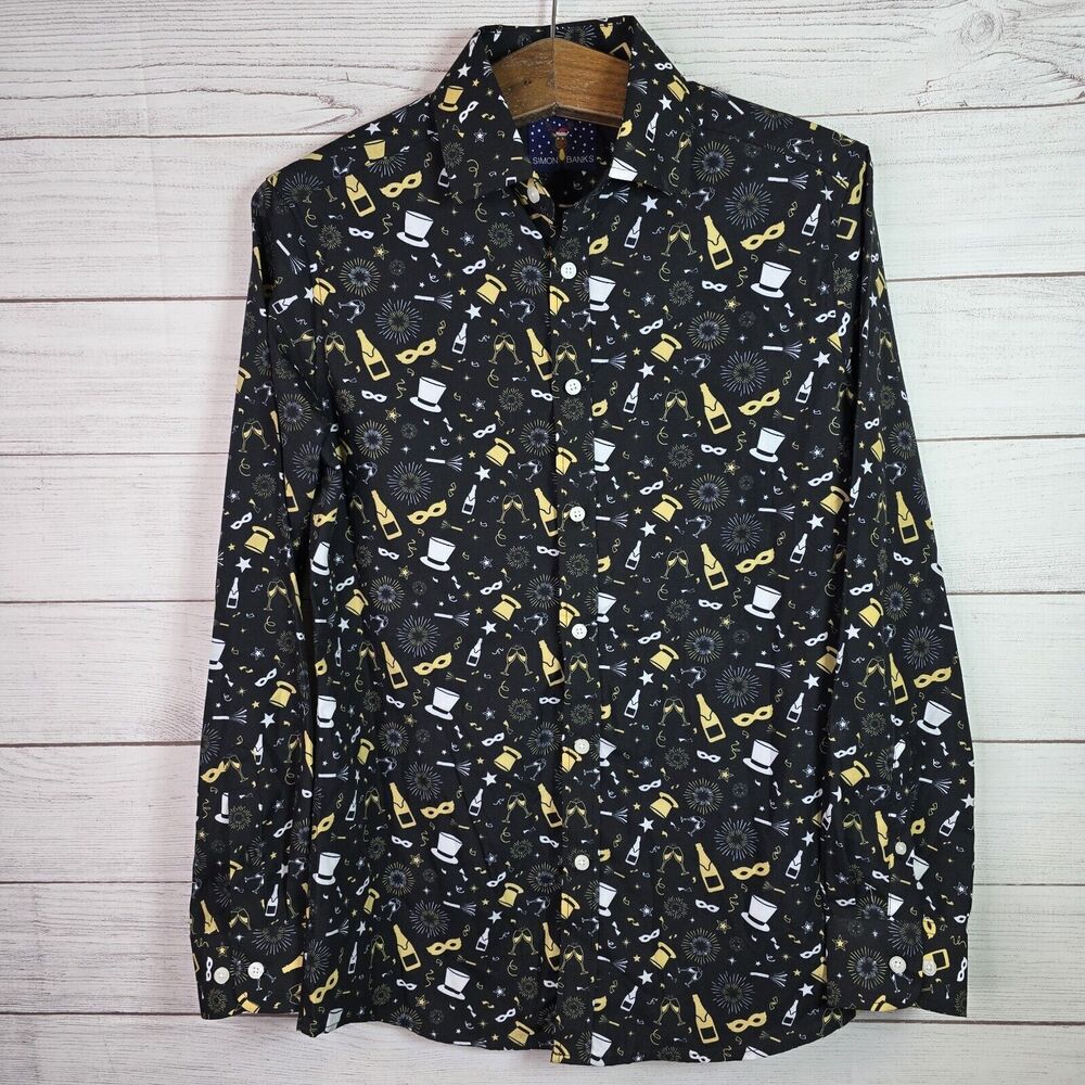 Simon Banks Button Shirt Mens S Black Gold New Years Eve Party All Over Print LS